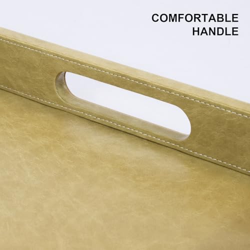 18x12 inches Leather Ottoman Serving Tray with Hole Handles, Rectangle Modern Service Tray for Living Room, Coffee Table, Bed, Tea, Food, Butler Countertop, Kitchen, Dinner, Picnic (Brown) - color: Brown, size: 18" x 12" x 2"