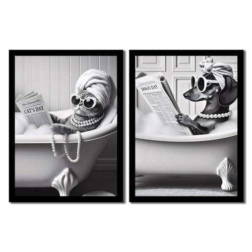 Framed Black and White Funny Cat and Dog Wall Art Set of 2 Canvas Prints, Vintage Animals Reading Newspaper Wall Decor, Humorous Pet Bathroom Decor Pictures with Wood Frame Acrylic Front for Bathroom Decor 16x20IN - color: cat and dog, size: 20"L x 16"W