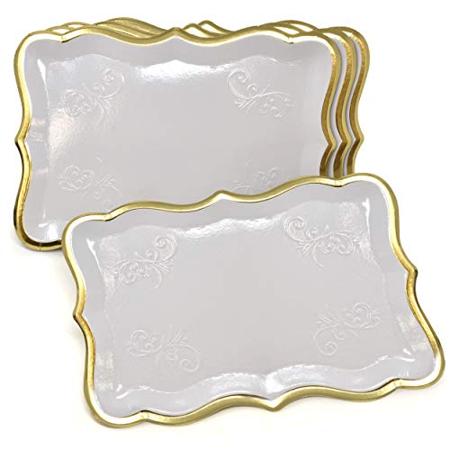 Gift Boutique 10 White Rectangle Trays with Gold Rim Border for Dessert Display Table Parties 9" X 13" Disposable Paper Cardboard in Elegant Shape for Platters Cupcake Display Birthday Party Weddings - color: Gold, White