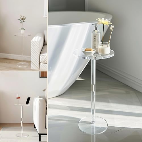 Acrylic Drink Table, Small Round Side Table for Small Space, Pedestal End Tables with Phone Holder, Multi-Use Modern Accent Tables, Martini/Cocktail Table for Living Room 10"X21" Easy Assembly - size: 10 Inches