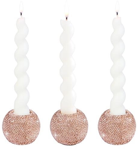Vixdonos Round Resin Rhinestones Candlestick Holders Set of 3 Ceramic Candle Holder Bulk for Taper Candles,Rose Gold - color: Rhinestones-rose Gold