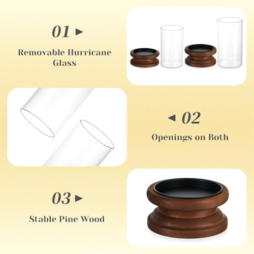 Hewory Hurricane Glass Candle Holder: 2PCS Rustic Brown Candle Holders for Pillar Candles, Vintage Decorative Wood Stand with Clear Glass Cover for Weddings Christmas Table Centerpiece Home Decor - color: Brown