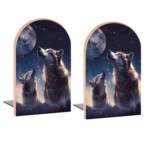 Wolf Howl Puppy Wolves Moon Book Ends Decorative Wood Bookends for Shelves Kids Room Desk Home Office Book Stoppers for Magazines,Books, DVDs, 1 Pair/2 Pieces(5x3.1 in)