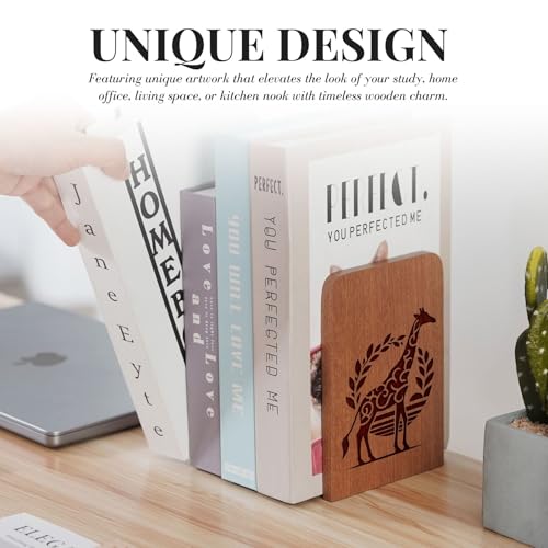 Giraffe Gifts, Giraffe Bookends - Heavy Duty Iron & Ebony Wood Book Ends for Shelves Bookcase Desk - 1 Pair, 4.72x6.69 Inches - Texture - color: Texture