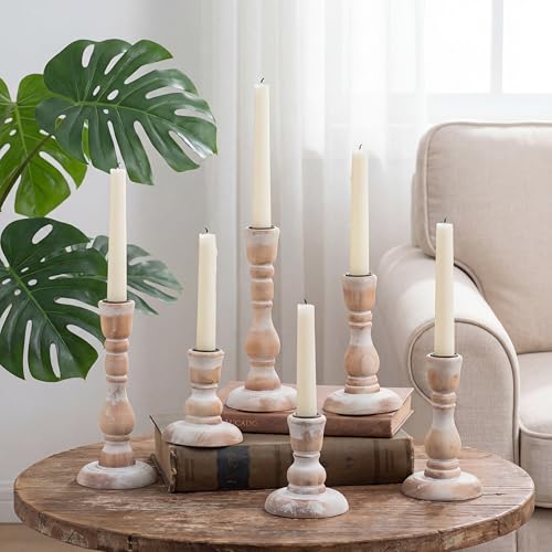 NUPTIO Rustic Candlestick Holders for Decor: Set of 6 Wood Taper Candles Holder - Vintage Candle Stick Tapered Holders for Fall Christmas Party Holiday Home Table Centerpiece - size: Standard Set