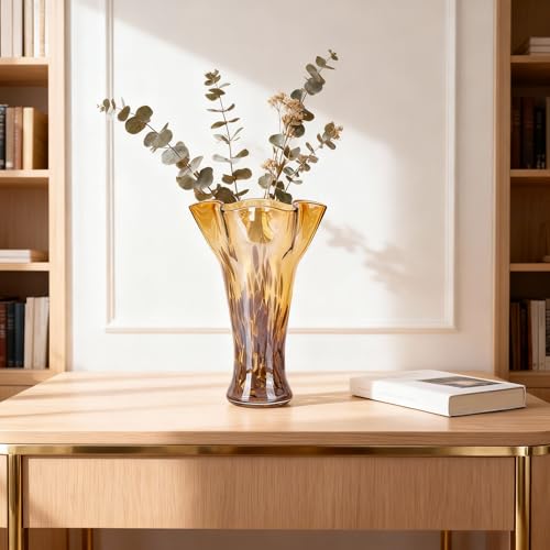 9.1H Murano Hand Blown Glass Vase, Ruffled Scalloped Rim Trumpet Shape, Wide Mouth Colorful Decorative Glass Vase, Sculptural Art Centerpiece for Living Room Table, Bathroom, Office Shelf (Amber Gold) - color: Amber Gold