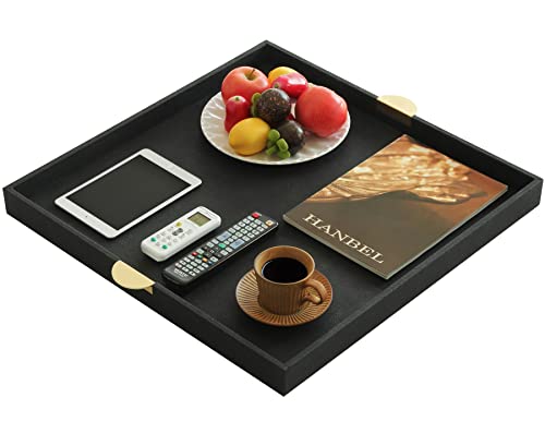 HofferRuffer Extra Large Square Serving Tray, Elegant Faux Leather Ottoman Tray with Gold Hardware Handles, Serve Tea, Coffee or Breakfast in Bed, 23.6 x 23.6 inches, Black Large Square - color: Black, size: 23.6" x 23.6" x 2"