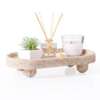 DN DECONATION Resin Decorative Tray with Legs, 4 Footed Coffee Table Trays Decor, Travertine Look Vanity Tray for Perfume Jewelry Bathroom Soap Kitchen Countertop Dresser, Oval 9.53x1.97in - style: 4 Footed
