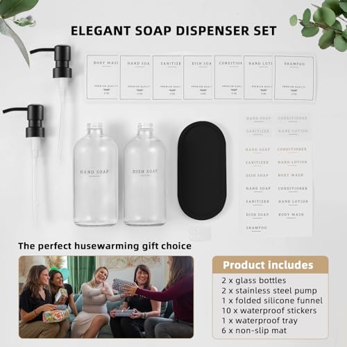 Glass Soap Dispenser - Dish Hand Soap Dispenser for Kitchen, Bathroom Soap Lotion Dispenser with 304 Rust Proof Pump, Tray, Clear Bottle/Black Pump - color: Clear Bottle/Black Pump + Tray + Funnel