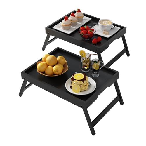 Youpehom Bed Tray Table with Folding Legs,Bamboo Breakfast in Bed for Kitchen Serving Tray,Sofa,Eating,Used As Laptop Desk Snack Tray 2 Pack (Black) - color: Black-2 Pack, size: Medium