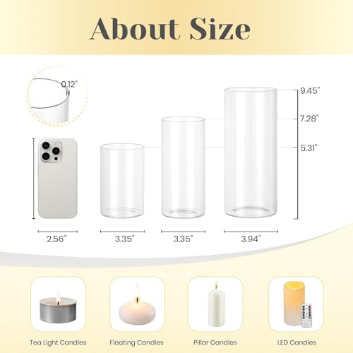Hewory Hurricane Glass Candle Holders: 6 PCS Clear Hurricane Candle Holders for Pillar Candles Floating Candles, Glass Cylinder for Table Centerpieces Christmas Wedding Party Holiday Home Decor
