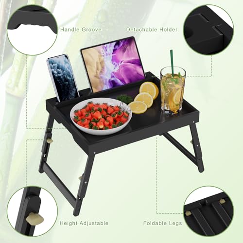 Artmeer Bed Tray Table with Folding Legs, Bamboo Breakfast Food Tray with Media Slot, Use As Platter, Laptop Desk, Snack, TV Tray Kitchen Serving Tray (Black Large Adjustable Legs) - color: Black, size: Large Adjustable