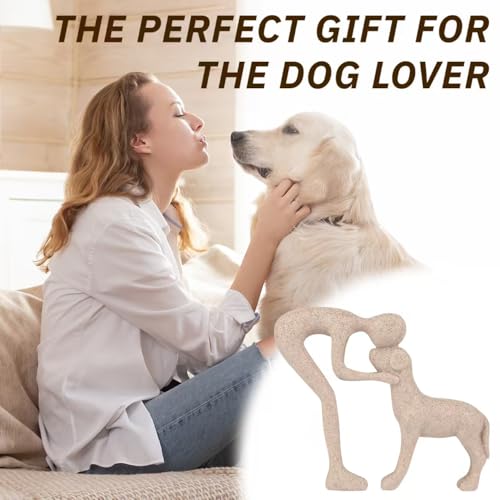 Human and Dog Hugging Sculpture Decor - Forever Loved Pet Memorial Statue Gifts, Decorative Figurine for Home, Shelf, Desk & Office (Sandstone)