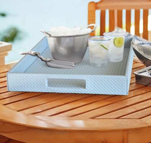 HofferRuffer Rectangle Serving Tray with Hole Handles for Coffee Table, Breakfast, Tea, Food, Butler - Countertop, Kitchen, Vanity Serve Tray, 16.2 x 12.2 x 2 inches, Faux Leather (LightBlue) - color: Lightblue, size: 16.2" x 12.2" x 2"