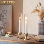 NUPTIO Hurricane Candle Holder for Centerpiece: Set of 2 Metal Taper Candle Holders with Glass Cylinders - Gold Candlestick Holders for Birthday Valentine Dinner Table Decor - size: 2 Pcs