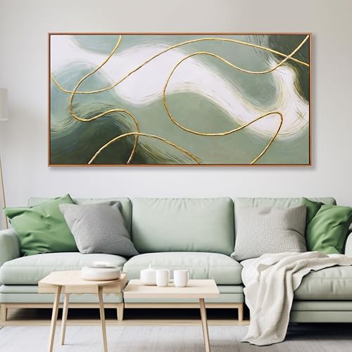 Abstract Wall Art Minimalism Green White and Gold Lines Boho Canvas Wall Decor Framed Artwork Modern Home Wall Decor for Living Room Bedroom Office 20"x40" - color: Green, size: 40"L x 20"W