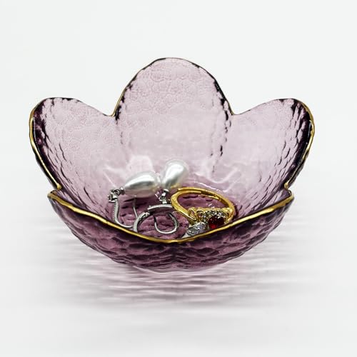 Purple Flower Ring Dish, Small Glass Jewelry Dish Tray, Ring Holder Jewlery Tray Trinket Dish, Bathroom Nightstand Decor Jewelry Bowl Christmas Friendship Birthday Gifts for Women, Soap Dish - color: Purple