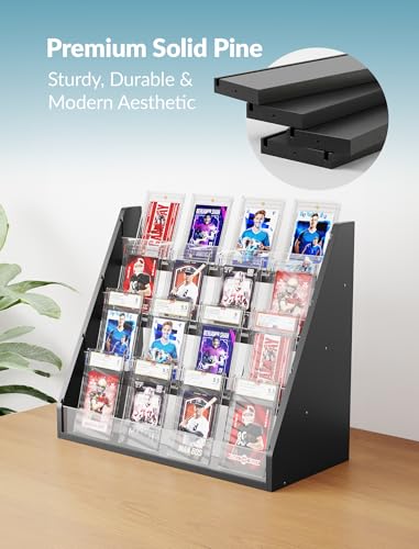 NiHome Pine Wood and Acrylic Trading Card Display Stand, 4-Tier Stepped Holder Compatible with PSA CGC BGS Graded Slabs or 35PT Cards, Stackable Tool-Free Card Organizer for Desk and Shelf