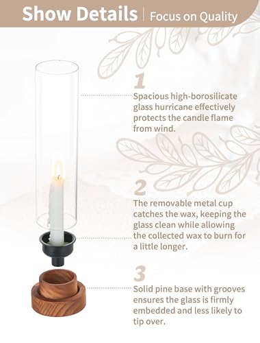 NUPTIO Dripless Taper Candle Holders with Wax Catchers for Easy Cleaning: Set of 2 Hurricane Glass Candlestick Holders with Metal Bobeches - Brown Wood Modern Wedding Table Centerpiece - color: Caramel