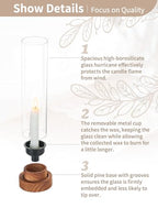 NUPTIO Dripless Taper Candle Holders with Wax Catchers for Easy Cleaning: Set of 2 Hurricane Glass Candlestick Holders with Metal Bobeches - Brown Wood Modern Wedding Table Centerpiece - color: Caramel