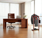 Suit Valet Stand for Men, Wood Mens Valet Stand with Base, Contour Hanger, Tray, Trouser Bar and Tie Bar, Clothes Valet Stand for Bedroom Entryway Home Living Room Office (Reddish brown) - color: Reddish brown
