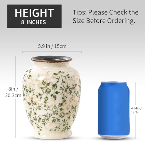 Vintage Green & Beige Round Chinoiserie Ceramic Vase 8”, Ice Crack Floral Retro Decor for Living Room, Bookshelf, Office, Rustic Table Centerpiece - color: 08-green and Beige