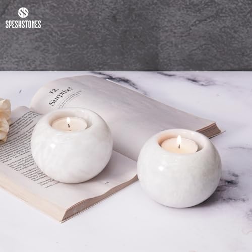 Marble Tealight Candle Holder 3 Inch Handmade White Stone Votive Holders for Gifts & Wedding Decorations - Small Tea Lights Candles Set of 2 for Dining Table Decor - size: 3 inches