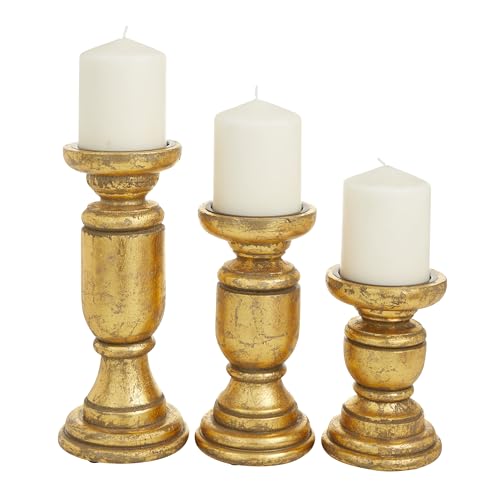 Deco 79 Mango Wood Decorative Candle Holder Turned Style Pillar Candle Stand, Set of 3 Candlestick Holder 10", 8", 6"H, Gold - color: Gold, size: 3 PIECES SMALL SIZE
