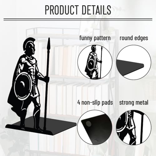 WADORN 1 Pair Spartan Guards Metal Decorative Bookend for Shelves, Heavy Duty Book Ends Modern Non-Skid Books Holder Stand Black Book Support Stoppers for Desk Bookshelf Office Home, 5.3x4.3x7.8 Inch - color: Spartan Guards