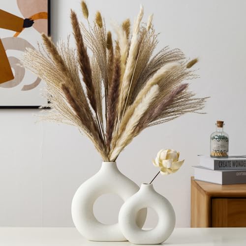 Modern Donut-Shaped Decorative Vases, Handmade Minimalist Boho ins Style, Modern Vase for Home Decor for Wedding Dinner Table Party Living Room Office Bedroom (Beige, Large + Small) - color: Beige, size: Large + Small