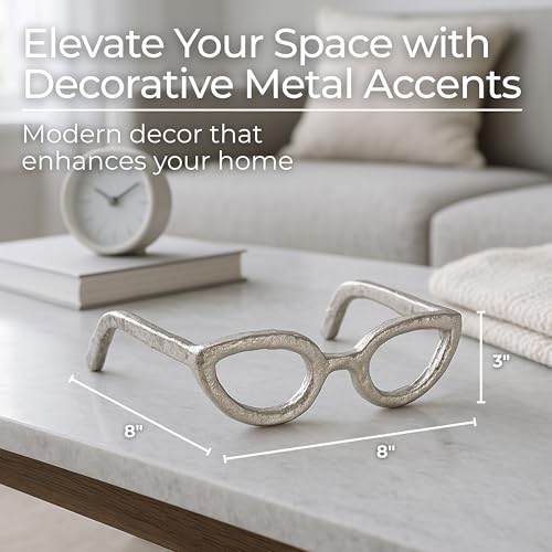 Cateye Glasses Decorative Object – Aluminum Sculpture Modern Home Decor Ornament – Shelf Styling & Coffee Table Decor for Bathroom, Office & Living Room – 7"x3", Silver - color: Silver Cateye