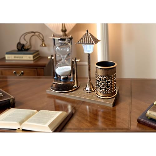 Vintage Style Desk Organizer Set with Hourglass Timer, Decorative Pen Holder, Bronze Finish, pen organizer for desk, vintage office decor, sand timers, desk organizer pen holder