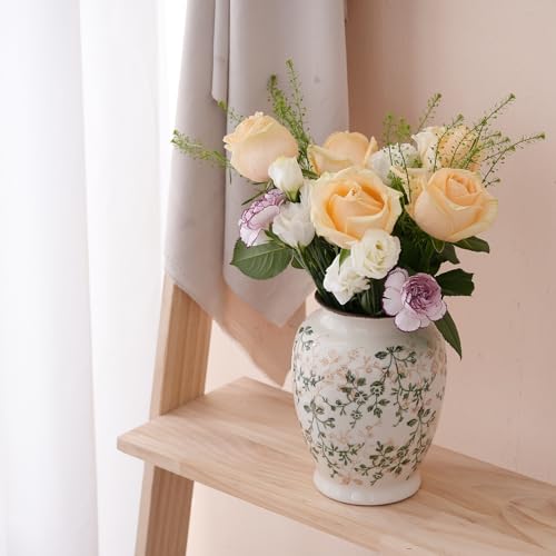 8″ Vintage Green and Beige Vase, Round Ceramic Floral Vases, Retro Ice Cracked Chinoiserie Vase for Home Decor, Living Room, Bookshelf, Office, Grand Millennial Decor, Rustic Table Centerpiece - color: 26b