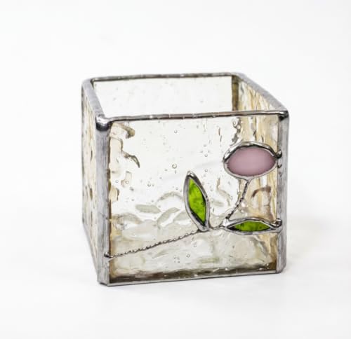 Handmade Windproof Stained Glass Cube Candle Holder - 5-Sided Floral & Leaf Design for Altar, Prayer, Windowsill - Sacred Gift for Christians, Mom, Christmas & Easter (Flower) - color: Flower