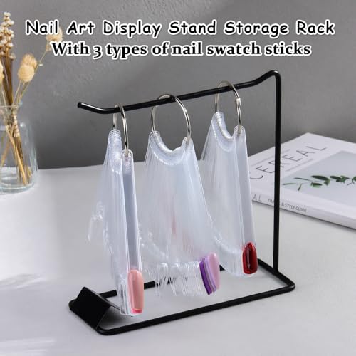 150 Pcs Nail Swatch Sticks with Ring & Nail Art Display Stand Storage Rack, Clear Ballerina Square Stiletto Nail Art Polish Color Display Practice Tips, Nail tech Supplies for Home or Salon Use - color: Black Shelf