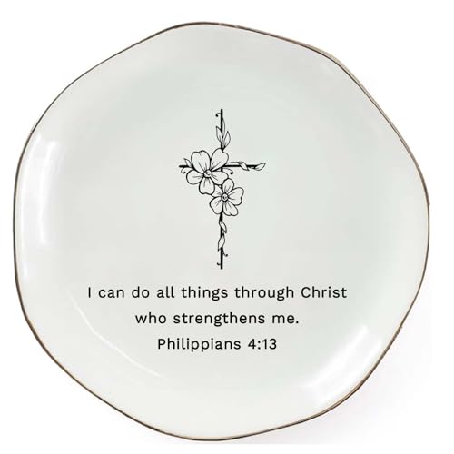 Christian Jewelry Dish with Bible Verse Ring Dish, Inspirational Scripture Ceramic Trinket Tray, Religious Gift for Women, Christian Gift for Friend - color: I Can Do All Things Through Christ Who Strengthens Me