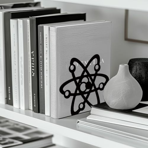 Peacoblue Metal Bookends for Shelves, Modern Decorative Heavy Duty Study Book Support Stoppers for Office, Desk, Shelf, Room 5.3"x4.3"x4.6" Cast Iron Simple Tall Bookends, 1 Pair (Atom) - style: Atom