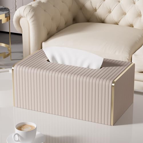 Tissue Box Cover,Beige Rectangle Leather Tissue Box Holders with Gold-Tone Edging Accents,Decorative Tissue Covers for Bathroom Toilet Bedroom Living Room Table Desk Office Car - color: Beige, size: Rectangle Standard