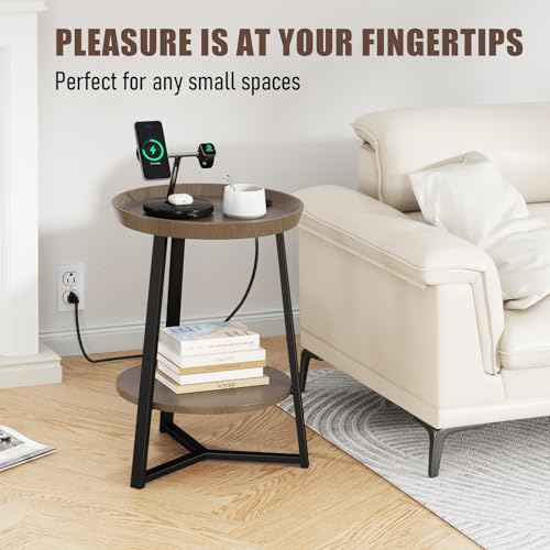 Gadroad Round End Table with Charging Station, USB Ports, Wood Tabletop & Black Metal Frame, 2-Tier Side Table for Living Room, Bedroom, Walnut Color 15.7 * 15.7 * 23.0inches - color: Walnut, style: with Charging Station