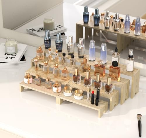 2 Set Large Wooden Tiered Riser Display Stands for Vendor Events,Stackable Perfume Organizer Cologne Stand for Men Women,Wooden Cupcake Dessert Stand,Wood Dessert Table Display Set,Food Display Risers for Party（12-11.2-10.4-9.6IN）