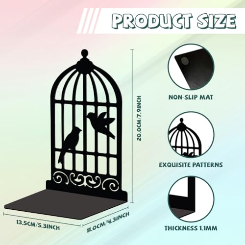 Peacoblue Metal Bookends for Shelves, Modern Decorative Heavy Duty Study Book Support Stoppers for Office, Desk, Shelf, Room 5.3"x4.3"x7.9" Cast Iron Simple Tall Bookends, 1 Pair (Birdcage and Bird) - color: Birdcage and Bird