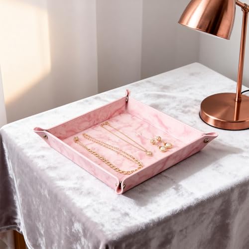 siduater Valet Tray Desktop Storage Organizer – Vegan Leather Catchall Bedside Vanity Tray Nightstand Caddy Holder for Remote Controller, Watch, Keys, Phone, Wallet, Coin, Jewelry, Marble Pink - color: Marble Pink