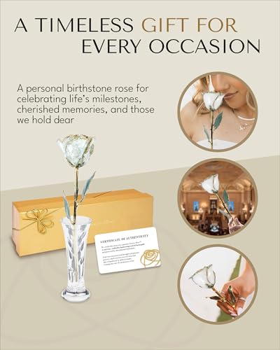 Forever Rose Hand-Dipped in 24K Gold, White Pearl-Inspired June Birthstone, Real Rose in Luxury Gold Gift Box & Clear Glass Bud Vase – Perfect Ready to Gift for June Birthday or Any Occasion - color: June Pearl