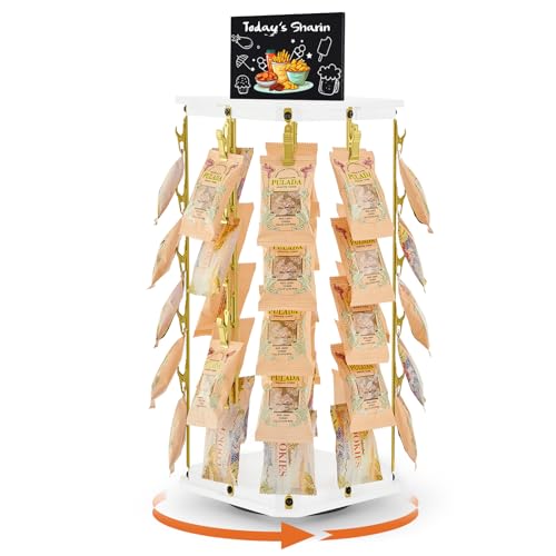 Pinzoveco Chip Rack Display Stand, 5 Tiers 40 Clips Snack Organizer for Office Desk, 360° Rotating Wooden Base Chip Holder Candy Display for Concession Stand, Countertop, Party, With Message Board - color: White & Gold