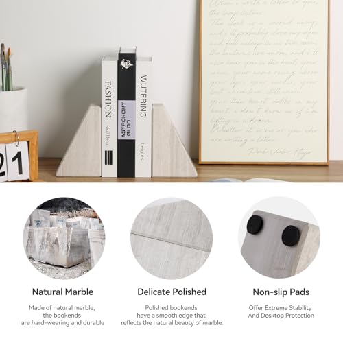 Marble Book Ends for Heavy Books, Decorative Bookends for Shelves, Durable and Heavy-Duty Bookends for Hardback Book & CDS, Off-White Unique Books Stopper & Holder, Set of 2 - color: Off-white