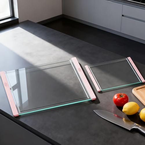 Tempered Glass Cutting Board Set for Kitchen Counter - Dishwasher Safe with Juice Grooves, Non-Slip Silicone Edges & Beveled Grip - 16"x12" & 12"x8" Serving Tray - Pink - color: Pink