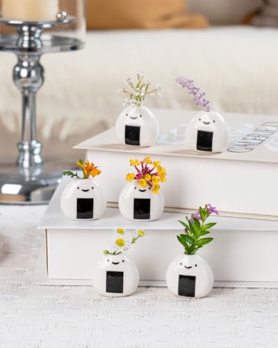 6 PCS Cute Handmade Ceramic Mini Vases - Japanese Onigiri Rice Ball Design for Dried Flowers and Small Stems, Adorable Mini Table Decor, Unique Japanese Craft Gift