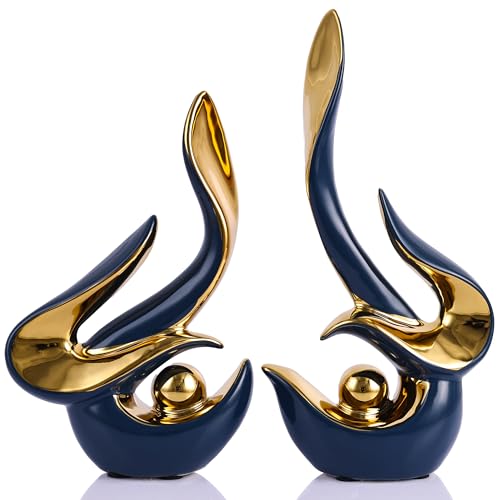 WUBIANJIE Mid Century Modern Abstract Art Home Decor Accent,Porcelain Statues for Living Room Coffee Table Centerpieces for Dining Room,Ceramic Sculptures and Gold Knick Knacks - color: Blue Gold