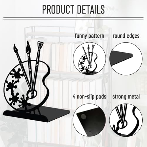 WADORN 1 Pair Painting Palette Metal Decorative Bookend for Shelves, Heavy Duty Book Ends Modern Non-Skid Books Holder Stand Black Book Support Stoppers for Desk Bookshelf Office Home, 5.3x4.3x7.8 - color: Painting Palette