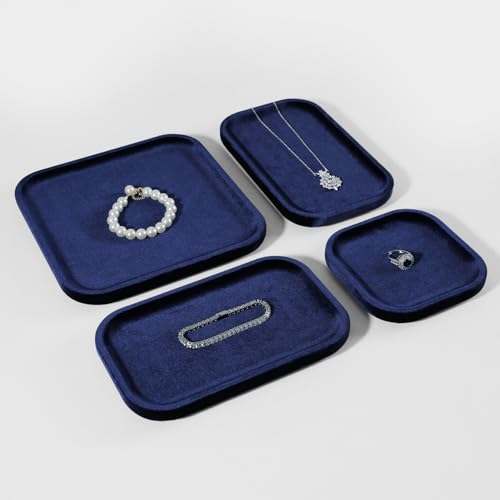 Resilient Velvet Jewelry Display Tray for Ring Earrings Bracelet Necklace, Flat Jewellery Dish for Showcase Store Retail Counter Exhibition Photography Livestream (Dark Blue, Medium) - color: Dark Blue, size: Medium